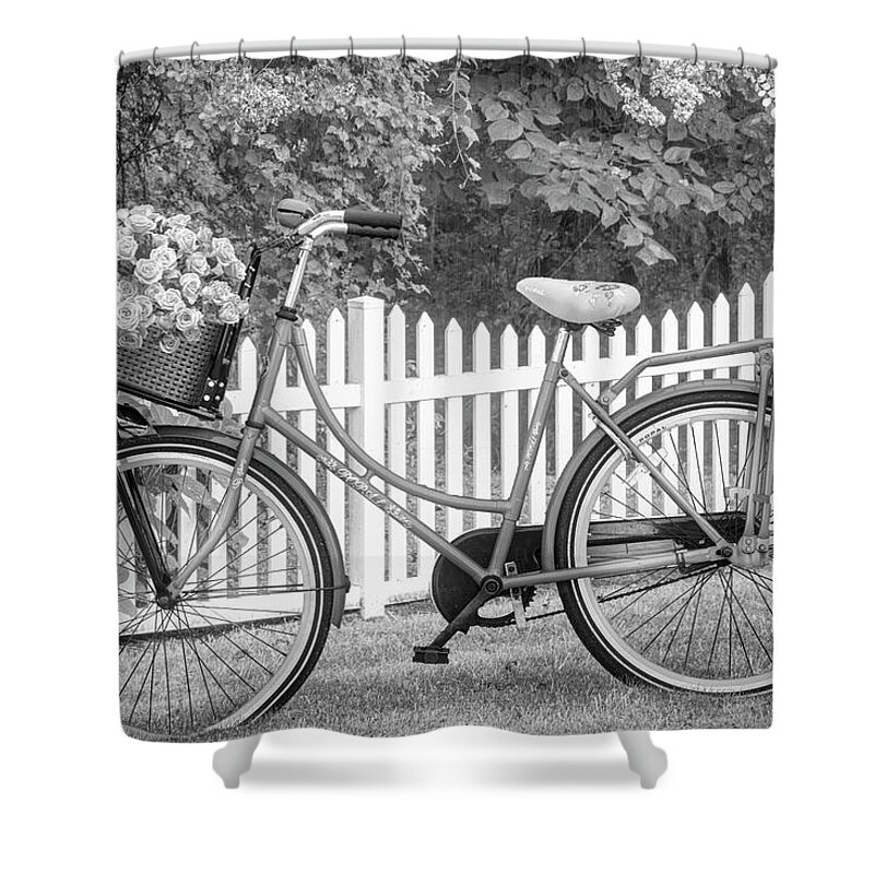 Carolina Shower Curtain featuring the photograph Bicycle by the Garden Fence II Black and White by Debra and Dave Vanderlaan