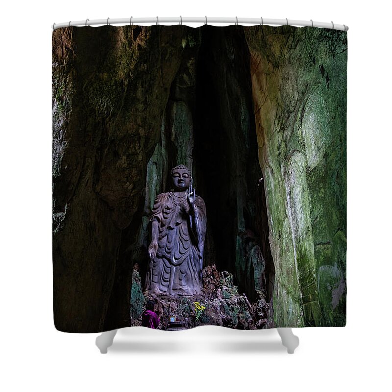 Ancient Shower Curtain featuring the photograph Big Buddha Inside Marble Mountain by Arj Munoz