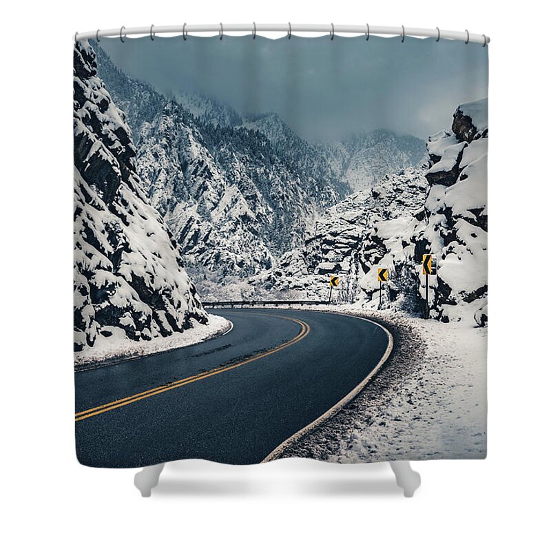 Snow Shower Curtain featuring the photograph Big Cottonwood Canyon Road in Snow, Utah by Abbie Matthews