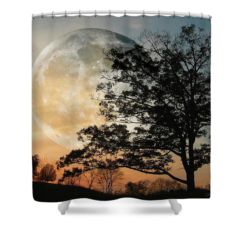 Moon Shower Curtain featuring the photograph Big Moon in Sunset by Shara Abel