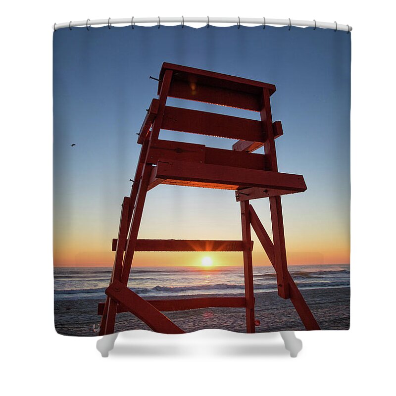 Lifeguard Shower Curtain featuring the photograph Big Red Beach Chair by Becqi Sherman