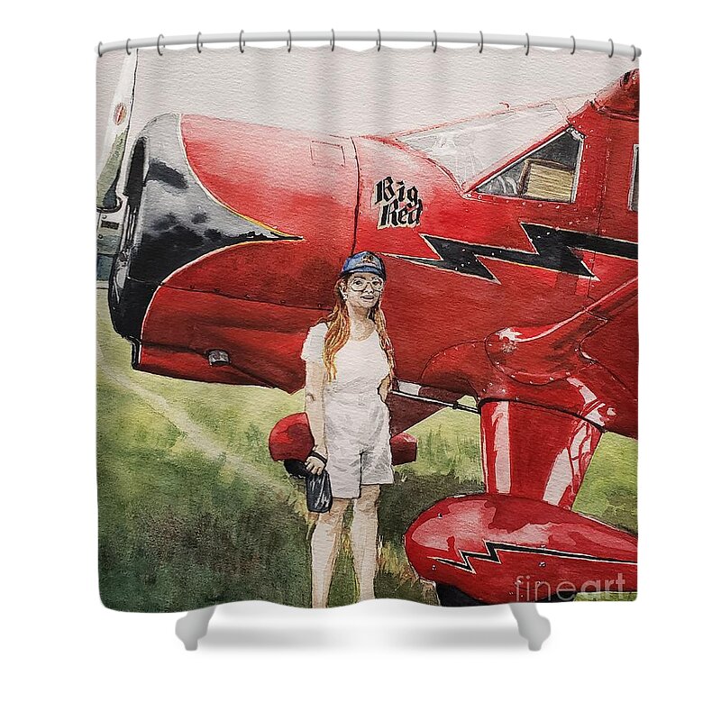 Redhead Shower Curtain featuring the painting Big Reds at the Airshow by Merana Cadorette