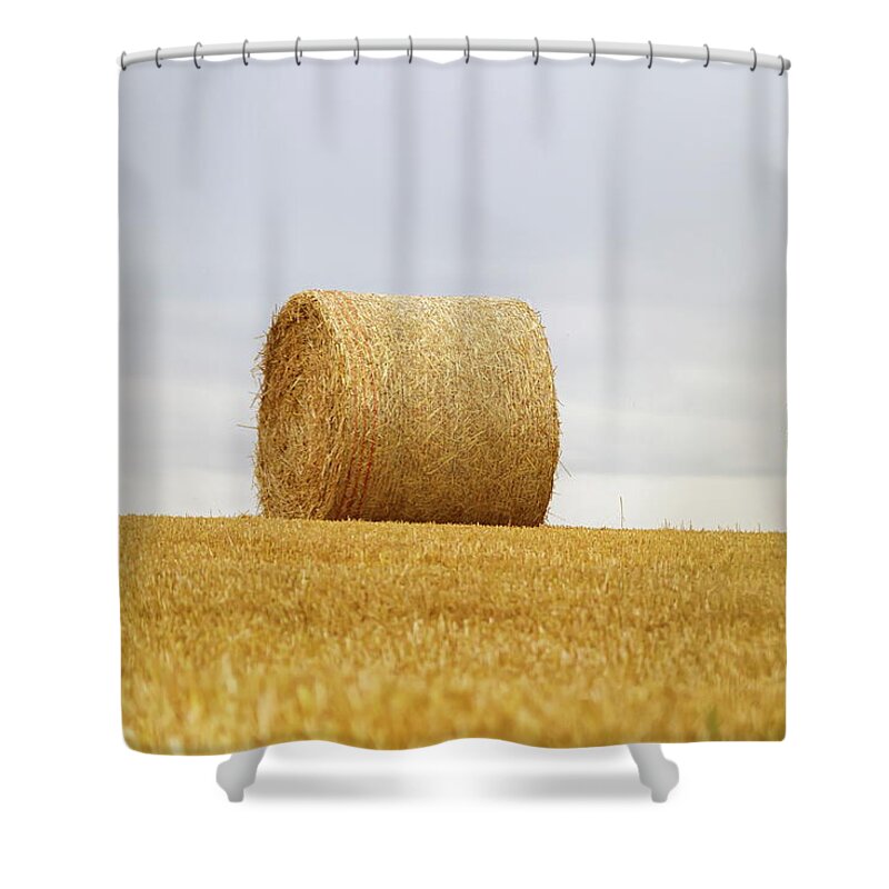 Bale Shower Curtain featuring the photograph Big round bales of straw in a field after harvest by Elenarts - Elena Duvernay photo
