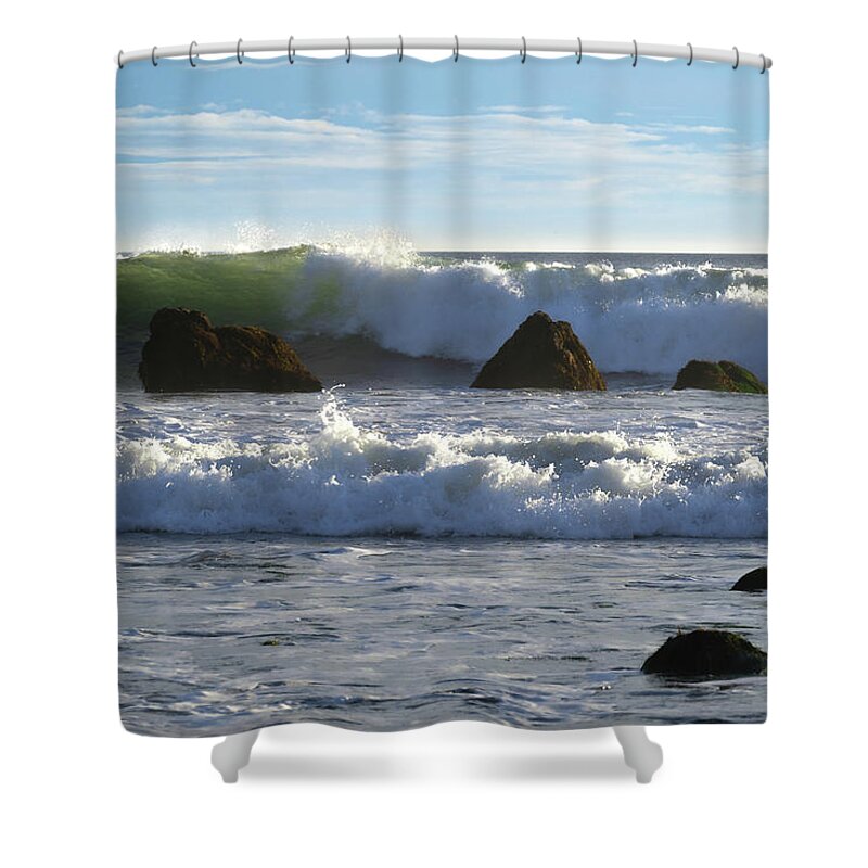 Beach Shower Curtain featuring the photograph Big Wave Approaching the Rocks by Matthew DeGrushe