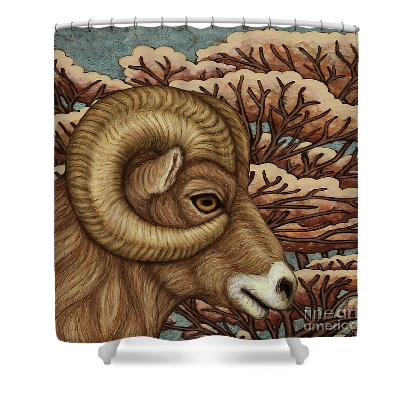 Ram Shower Curtain featuring the painting Bighorn Grandeur by Amy E Fraser