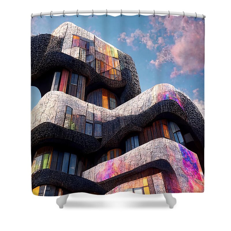 Beautiful Shower Curtain featuring the painting Bilaterally Symetric Building Facade Front Facing Pa Dc2bc15f 2abd 4421 8cba Fbdf641161e1 by MotionAge Designs
