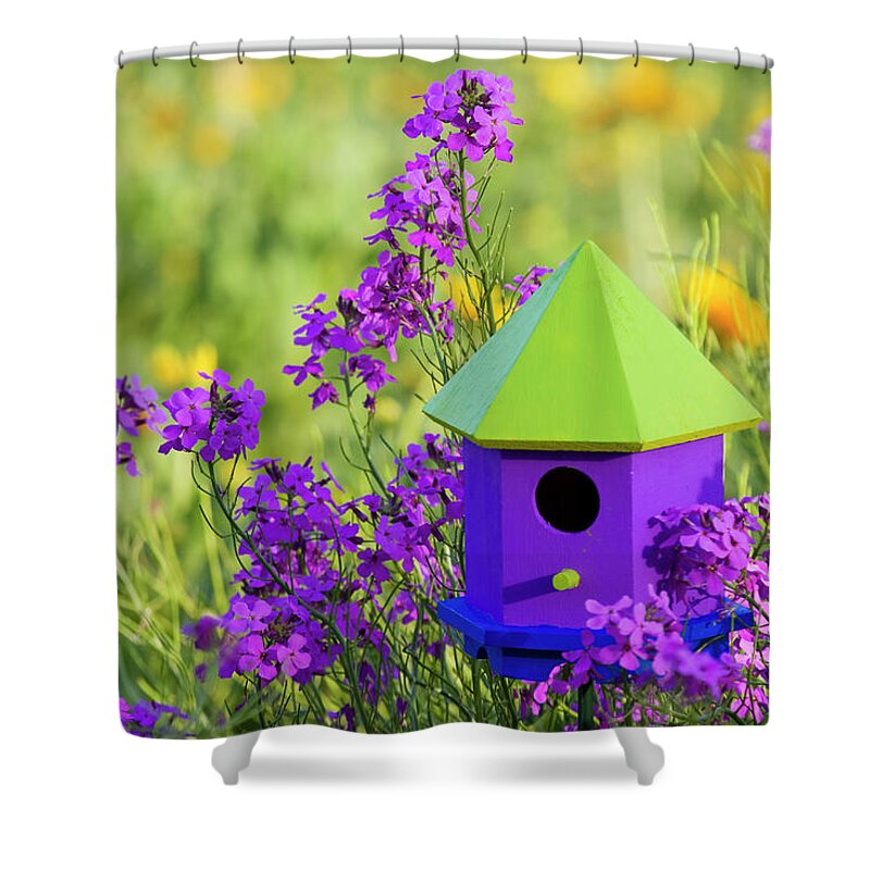 Purple;green;yellow;spring Shower Curtain featuring the photograph Bird house and Wildflowers by Eggers Photography