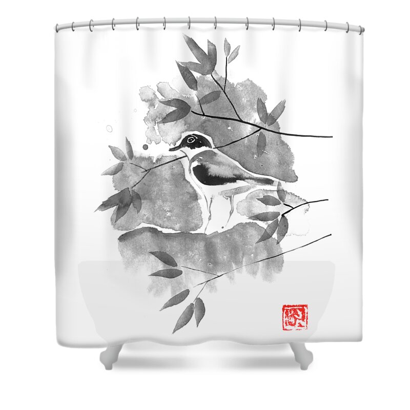 Bird Shower Curtain featuring the drawing Bird In The Tree by Pechane Sumie