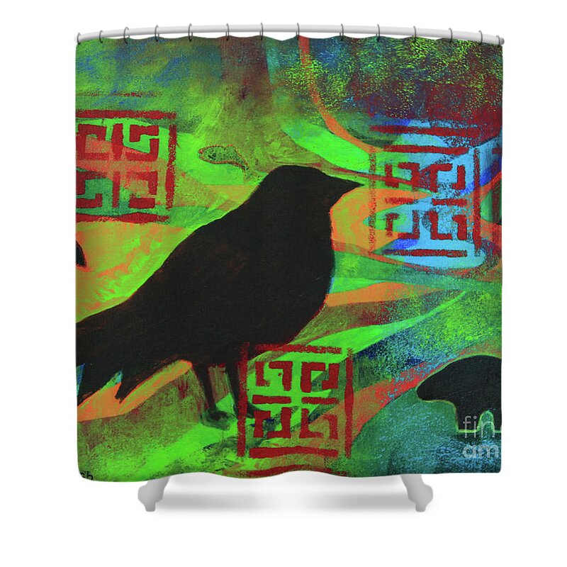  Tree Shower Curtain featuring the painting Bird of Mystery by Jeanette French