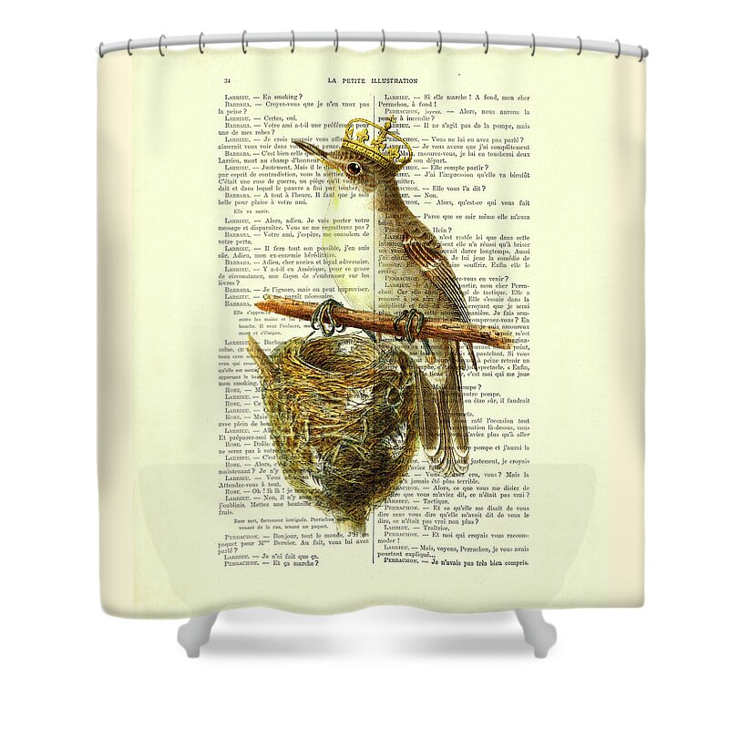 Bird Shower Curtain featuring the digital art Bird with golden crown and bird's nest art by Madame Memento