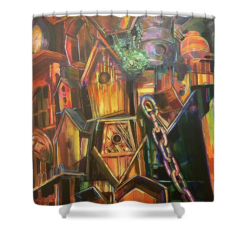 Clocks Shower Curtain featuring the painting Birdhouse by Try Cheatham