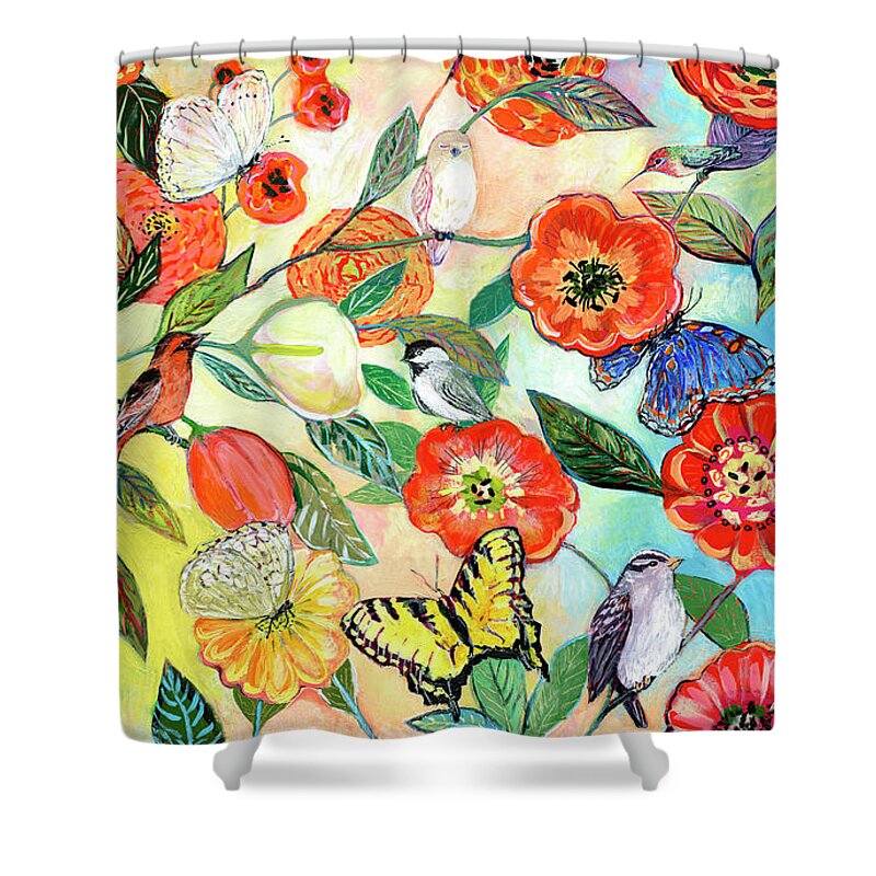 Butterfly Shower Curtain featuring the painting Birds and Butterflies Digital Collage by Jennifer Lommers