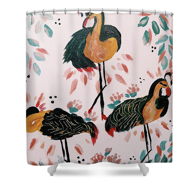 Fun Birds Floral Unique Funky Shower Curtain featuring the painting Birds that do not fly commercial by Meredith Palmer
