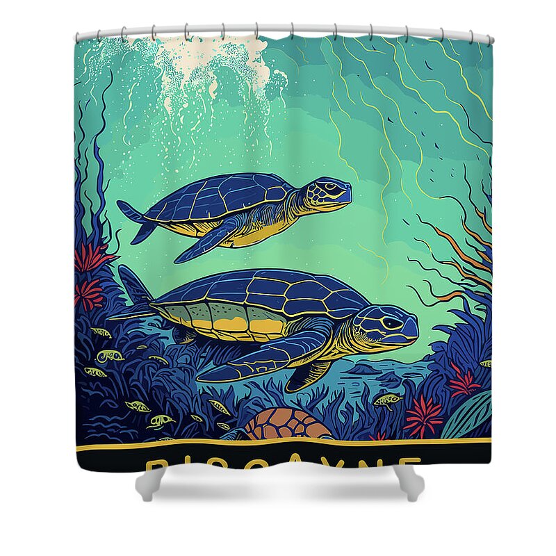Sea Turtles Shower Curtain featuring the digital art Biscayne, FL by Long Shot