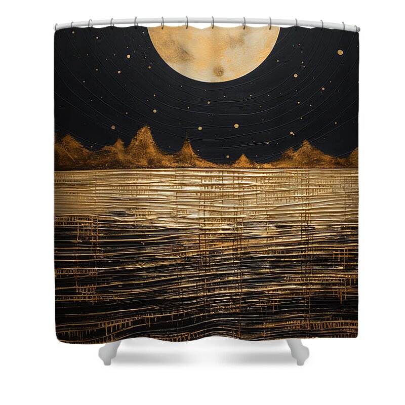 Black And Gold Seascape With Huge Golden Moon Shower Curtain featuring the painting Black and Gold Ocean Painting by Lourry Legarde