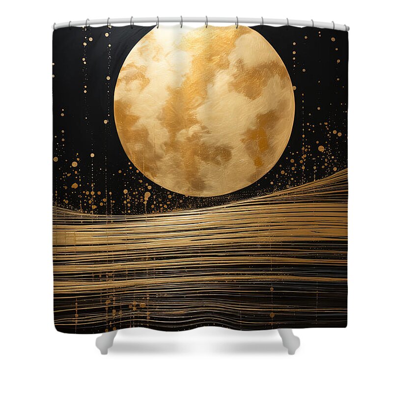 Black And Gold Seascape With Huge Golden Moon Shower Curtain featuring the painting Black and Gold Ocean with Moon by Lourry Legarde