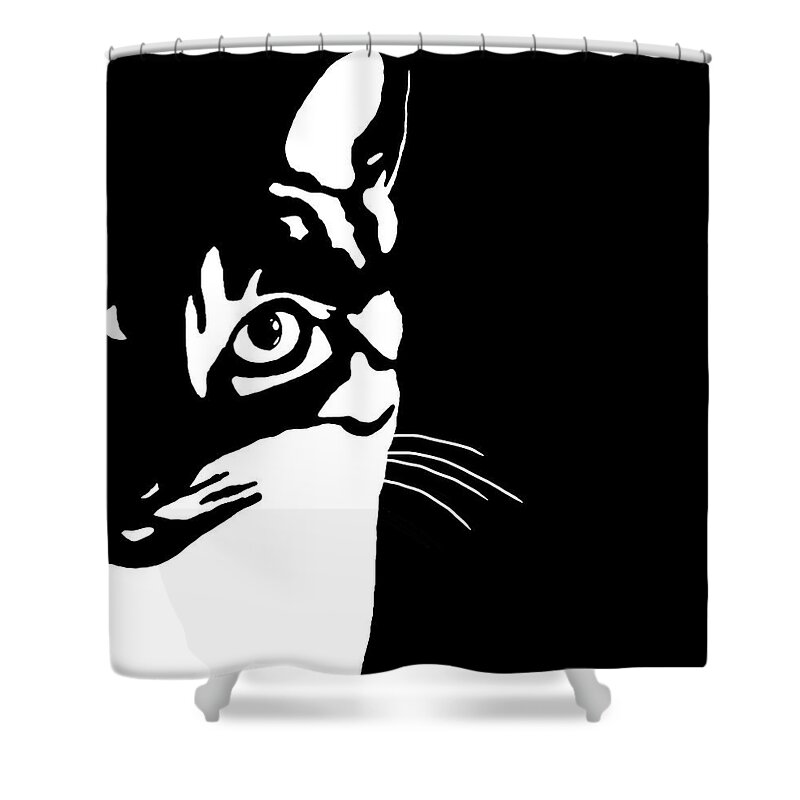 Cat Shower Curtain featuring the digital art Black and White Cat 657 by Lucie Dumas