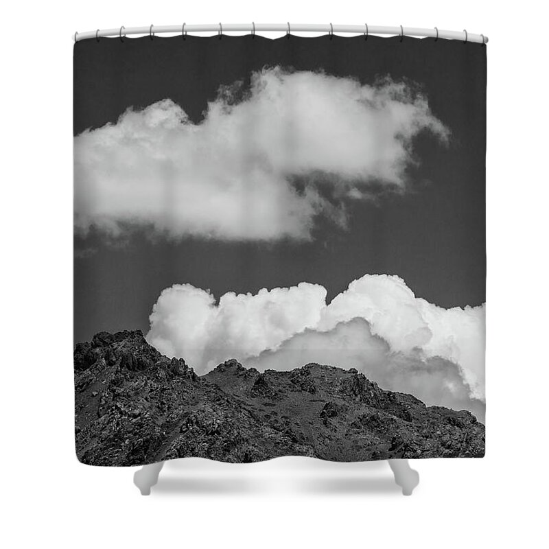 Black & White Shower Curtain featuring the photograph Black and White clouds over the rock by Martin Vorel Minimalist Photography