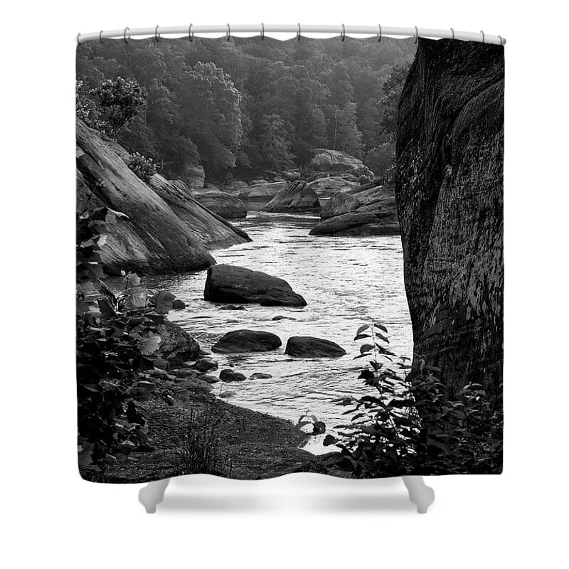 Boulders Shower Curtain featuring the photograph Black And White Cumberland River by Phil Perkins
