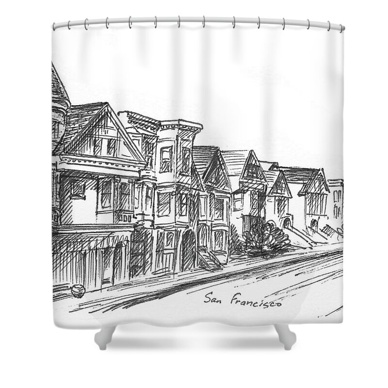 San Francisco Shower Curtain featuring the painting Black And White Drawing Of Fulton Street San Francisco by Irina Sztukowski