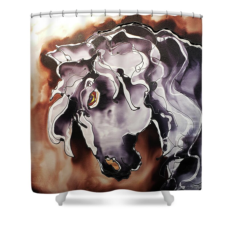 Hand Painted Silk Shower Curtain featuring the painting Black and white horse at dusk by Karla Kay Benjamin