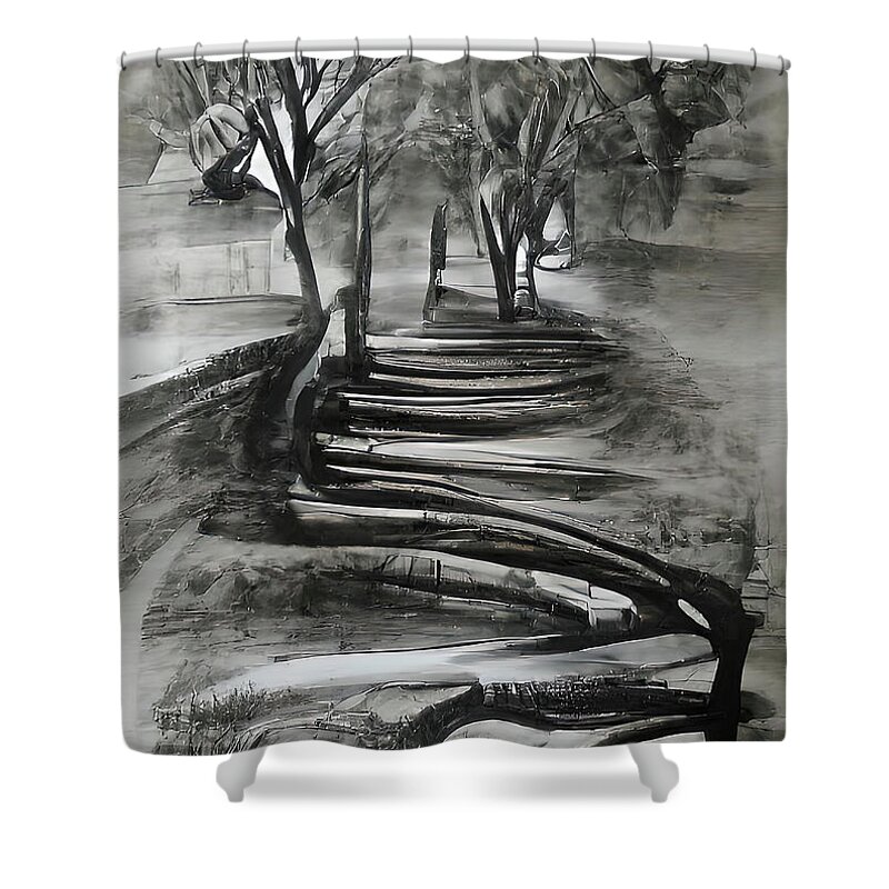 Landscape Shower Curtain featuring the painting Black and White Landscape 02 by AM FineArtPrints