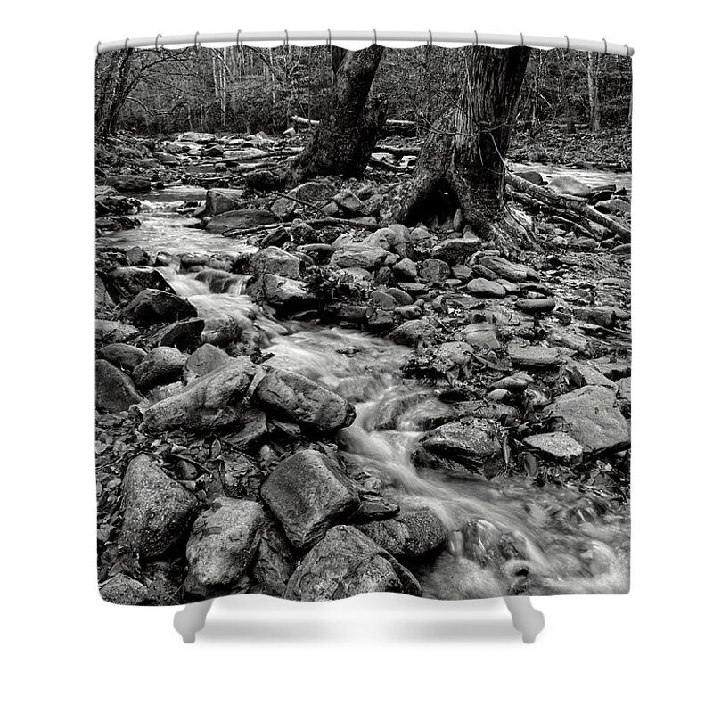 Smoky Mountains Shower Curtain featuring the photograph Black and White Little River 3 by Phil Perkins