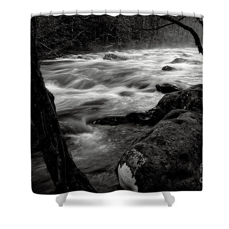Middle Prong Trail Shower Curtain featuring the photograph Black And White River 3 by Phil Perkins