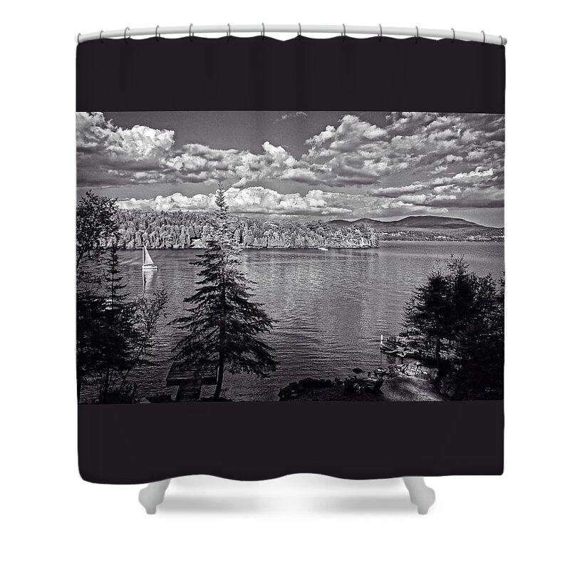 Landscape Shower Curtain featuring the photograph Black and White Sailboat by Russel Considine