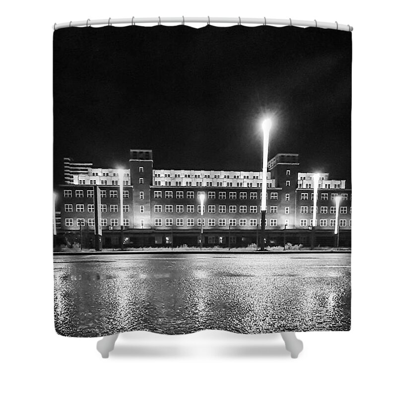 Museum Shower Curtain featuring the photograph Black and white shot of central depot of LVR Industrial Museum by Mendelex Photography