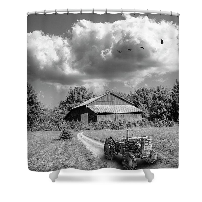 Barn Shower Curtain featuring the photograph Black and White Tractor on the Farm Trail by Debra and Dave Vanderlaan