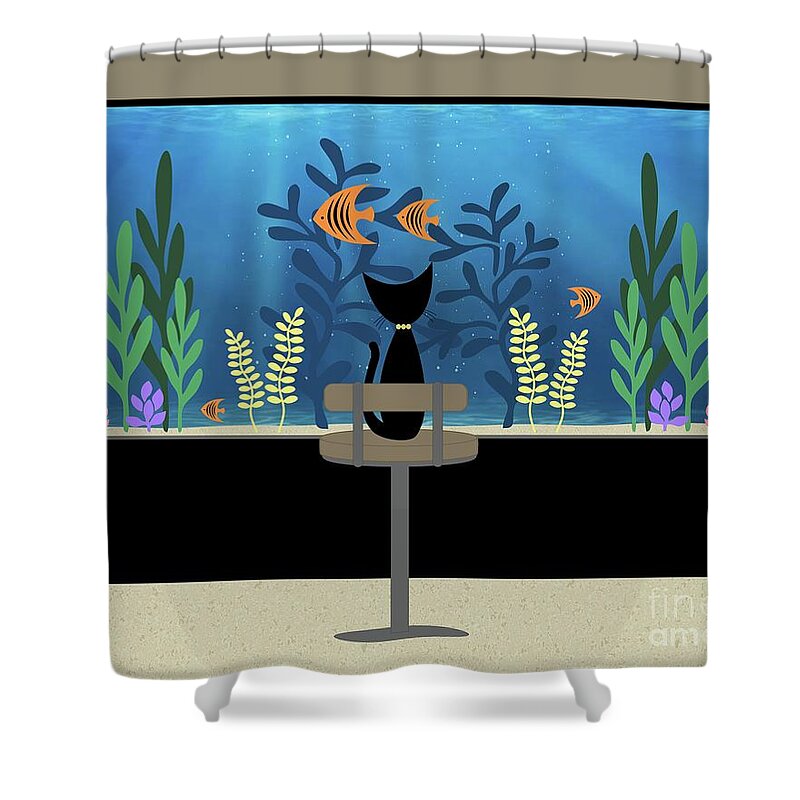 Aquarium Shower Curtain featuring the digital art Black Cat Admires Angel Fish by Donna Mibus