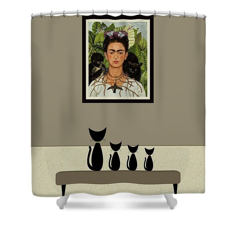 Black Cats Shower Curtain featuring the digital art Black Cat Family Admires Frida Kahlo by Donna Mibus
