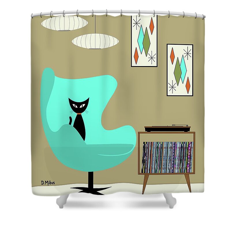 Mid Century Black Cat Shower Curtain featuring the digital art Black Cat in Record Player Room by Donna Mibus