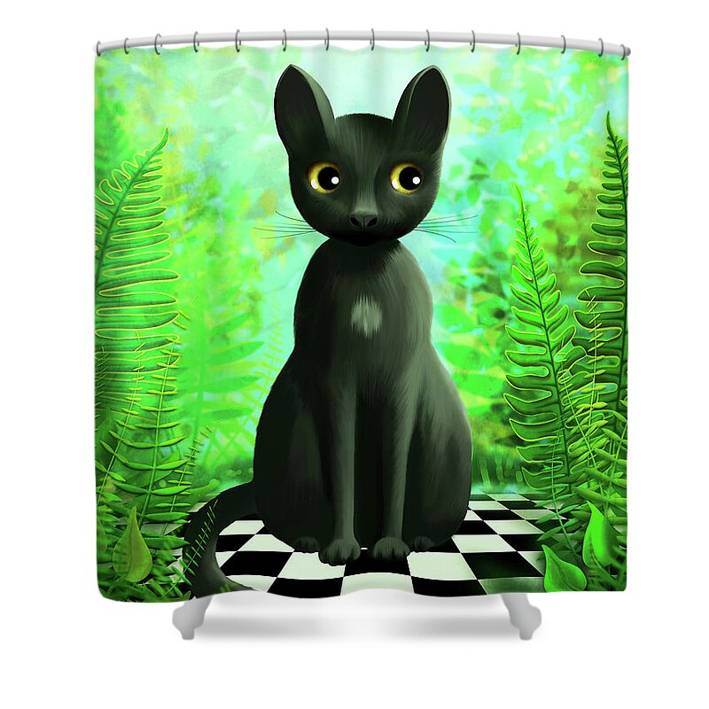 Cat Shower Curtain featuring the painting Black cat in tropical garden by Britta Glodde