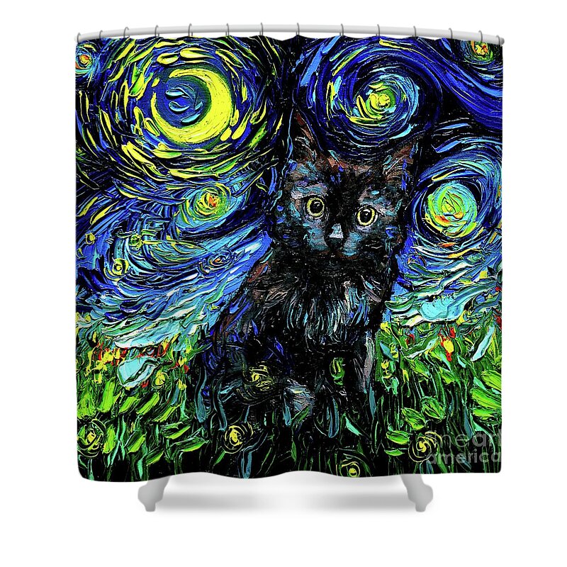 Black Cat Night 3 Shower Curtain featuring the painting Black Cat Night 3 by Aja Trier