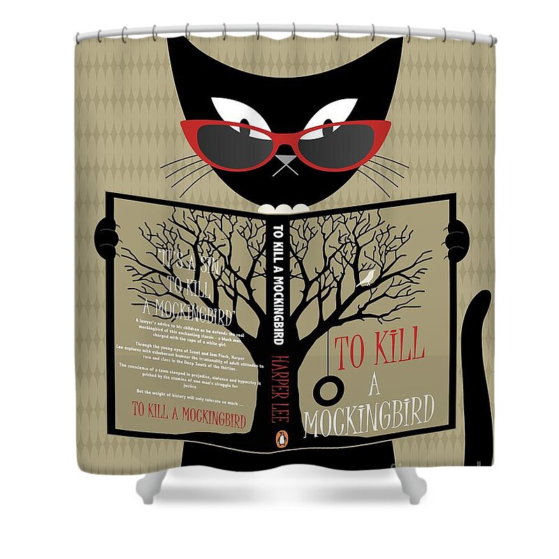 Cat Reads A Book Shower Curtain featuring the digital art Black Cat Reads a Book by Donna Mibus