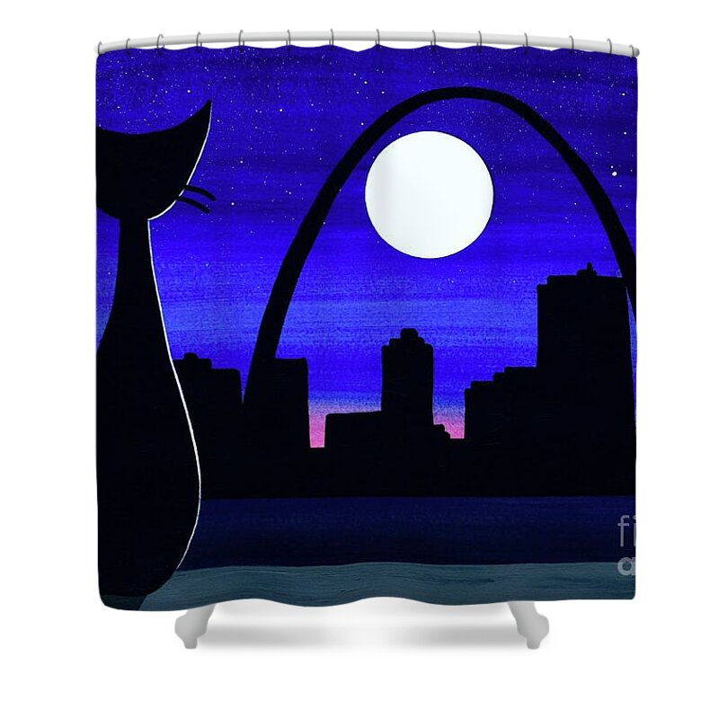 Mid Century Modern Black Cat Shower Curtain featuring the mixed media Black Cat views St. Louis Gateway Arch by Donna Mibus
