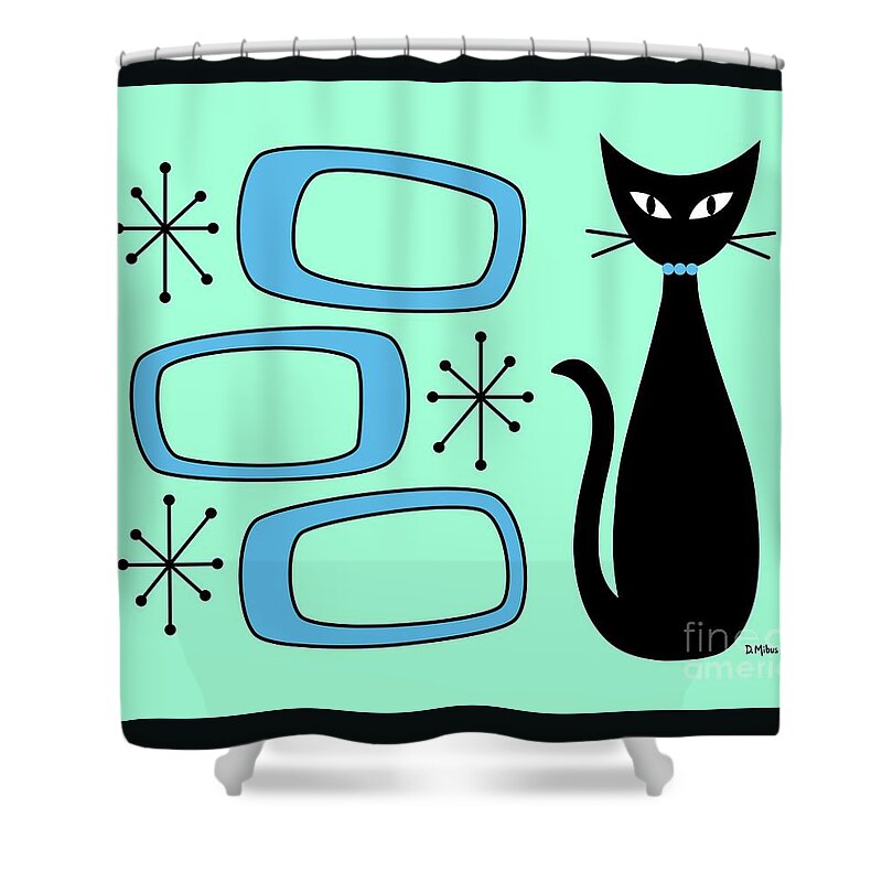 Mid Century Cat Shower Curtain featuring the digital art Black Cat with Mod Oblongs Aqua by Donna Mibus