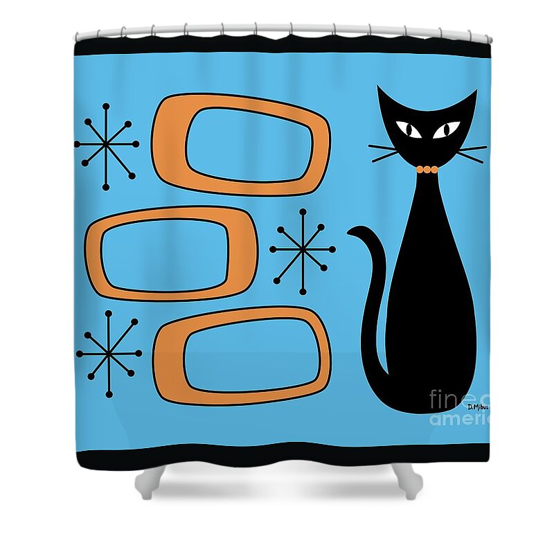 Mid Century Cat Shower Curtain featuring the digital art Black Cat with Mod Oblongs Blue by Donna Mibus