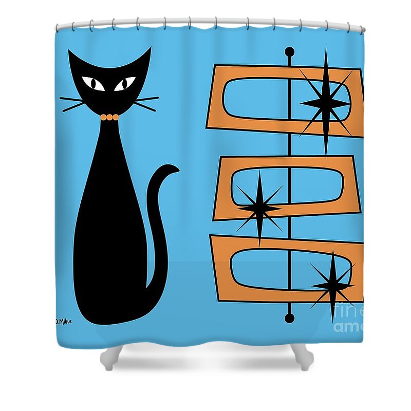 Mid Century Cat Shower Curtain featuring the digital art Black Cat with Mod Rectangles Blue by Donna Mibus