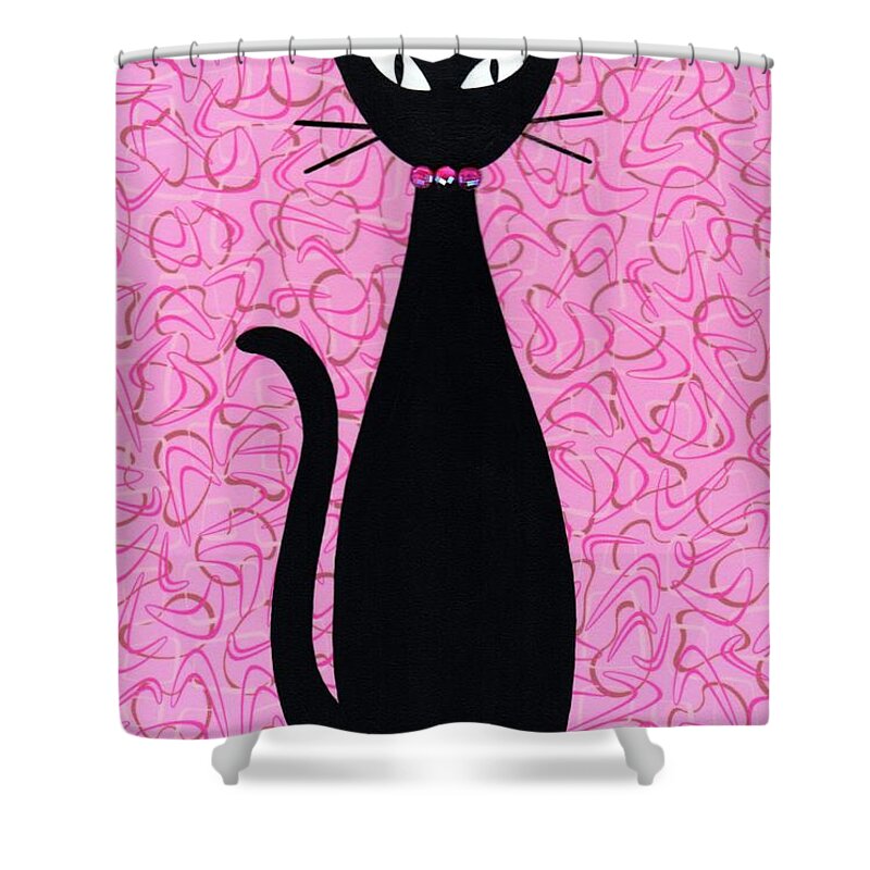 Mid Century Modern Black Cat Shower Curtain featuring the mixed media Black Cat with Pink Rhinestone Collar by Donna Mibus