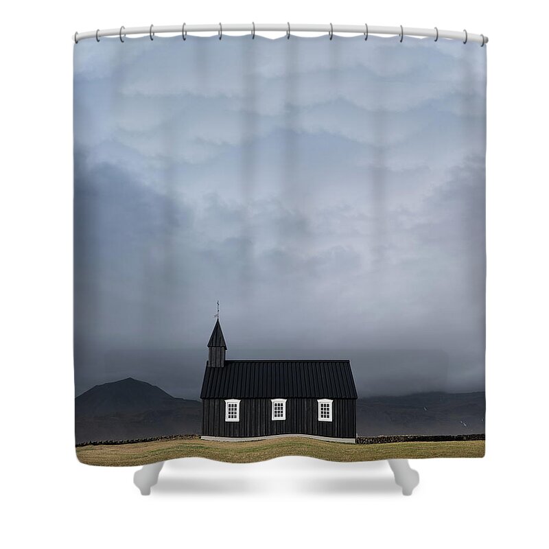 Budakirkja Shower Curtain featuring the photograph Black church of Budir by Alexios Ntounas