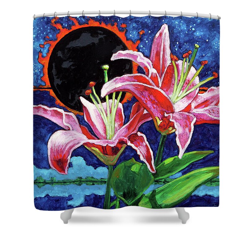 Flowers Shower Curtain featuring the painting Black Hole and Lilies by John Lautermilch