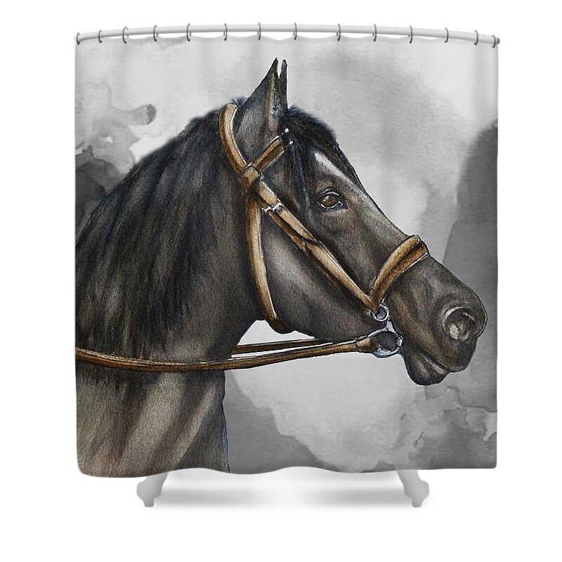 Horse Shower Curtain featuring the mixed media Black Horse's Beauty by Kelly Mills