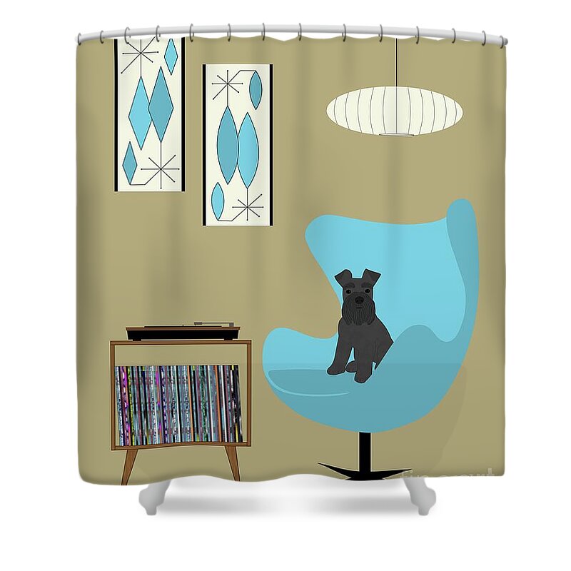 Mini Schnauzer Dog Shower Curtain featuring the digital art Black Mini Schnauzer with Record Player by Donna Mibus