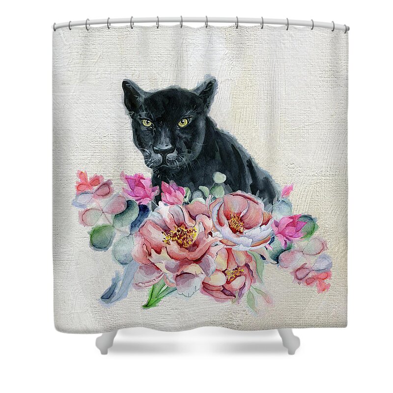 Black Panther Shower Curtain featuring the painting Black Panther With Flowers by Garden Of Delights
