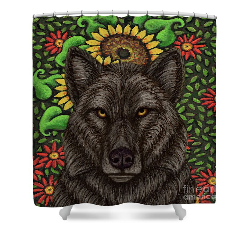 Wolf Shower Curtain featuring the painting Black Wolf Sunflowers by Amy E Fraser