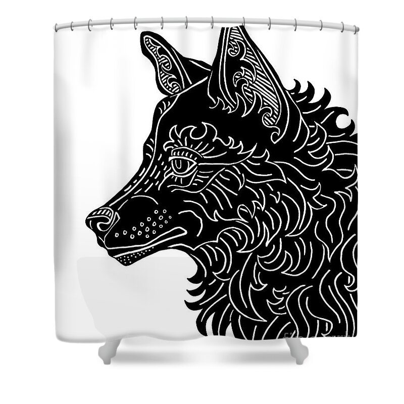 Wolf Shower Curtain featuring the drawing Black Wolf. Wild Animal Ink 9 by Amy E Fraser