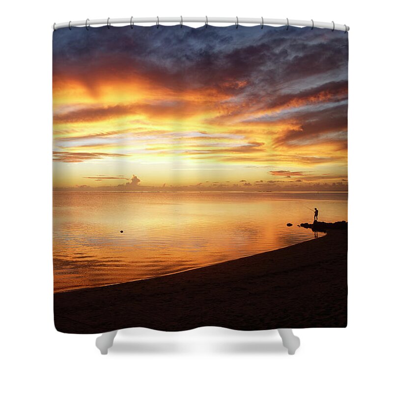 Tahiti Shower Curtain featuring the photograph Blazing Sky Over Mo'orea by Heidi Fickinger